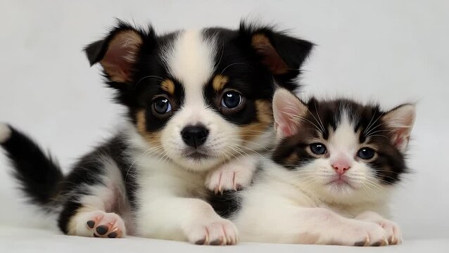 Portrait of an Adorable Young Puppy and Kitten with Monochrome Fur Against a Plain White
