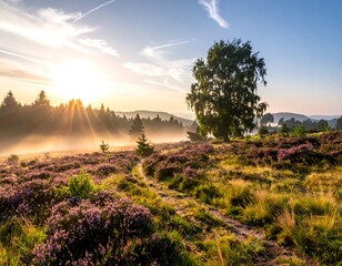 Obraz premium Scenic morning vista showcasing a trail amid purple wildflowers at dawn
