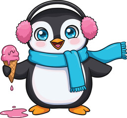 Adorable cartoon penguin with pink earmuffs and blue scarf holding melting ice cream cone, winter character art, cad drawing flat vector illustration