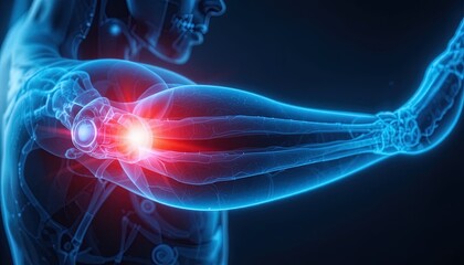 Detailed elbow joint pain visualization for medical illustration or educational purposes showing glowing inflammation and bone structure in blue