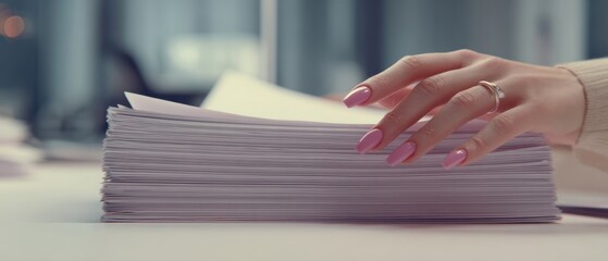 The Stack of Papers with Female Hand on Office Desk