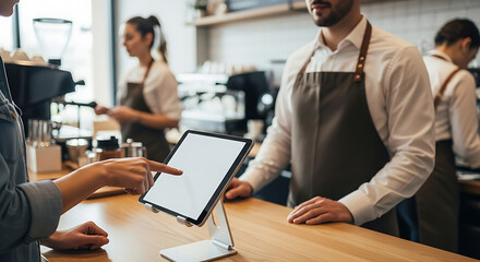 Customer Interacting with a Tablet at a Coffee Shop Counter Modern Point of Sale System