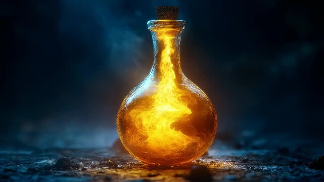 Mysterious Glowing Liquid in Glass Bottle, Alchemy Potion Magic Elixir Concept