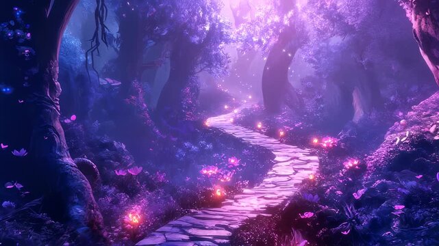 Enchanted Purple Forest Path with Glowing Flowers and Magical Atmosphere, A Fantasy Landscape
