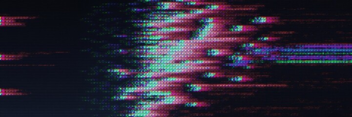 Digital data visualization abstract depicting a corrupted pixelated display with glitch effects, featuring vibrant colors of red, green, and blue, against a dark background, conveying a sense of...