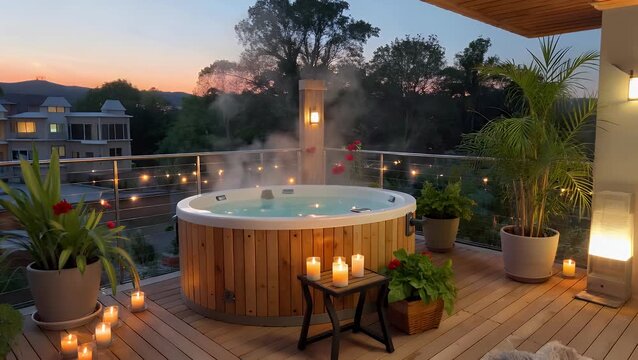 Residential Balcony Featuring a Wooden Deck  Plant Arrangements  and a Jacuzzi with Ambient