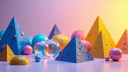 The creative presentation features geometric shapes and spheres in vibrant hues, presenting a harmonious composition that exudes a surreal and playful atmosphere, with subtle shadows and an abstract.