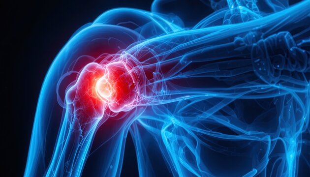 Vibrant shoulder joint pain illustration for medical education or health awareness campaigns, showcasing inflammation and skeletal anatomy with modern digital art