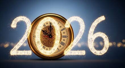 Elegant gold numerals "2026" displayed on a dark background with decorative borders.