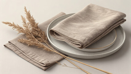 linen fabric in green and beige tones on a tray