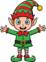 Happy Christmas elf cartoon character with red and green costume, smiling festive toy helper artwork, cad drawing flat vector illustration