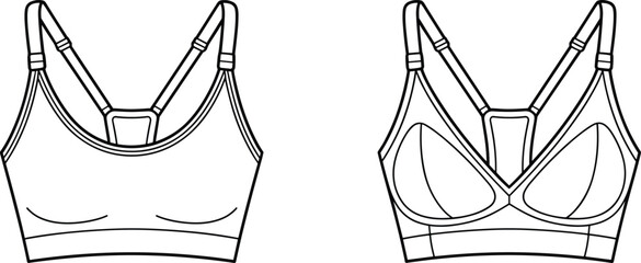 Front view technical sketch of sports bra design, featuring basic and structured styles, racerback straps, contour seams, fashion illustration, garment construction
