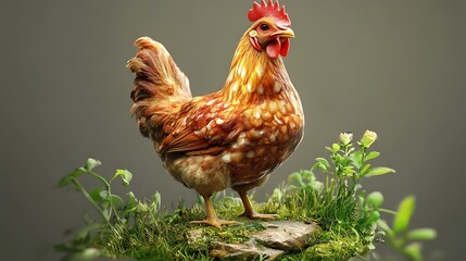 Fototapeta premium Stuffed hen standing on a patch of green grass