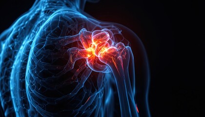 Vibrant shoulder anatomy visualization showcasing joint pain, perfect for medical education, research, or healthcare campaigns, highlighting discomfort