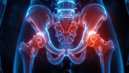 Detailed hip anatomy with pain points highlighted in vibrant red against deep blue backdrop for medical visualization and research