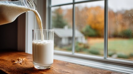 A glass of milk being poured into a glass by a person standing in front of a window with a view of a house and trees in autumn colors.