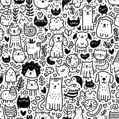 black and white handraw doodle animal cat, dog, bird, rabbit pattern