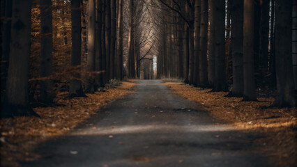 a narrow forest path completely covered with fallen leaves