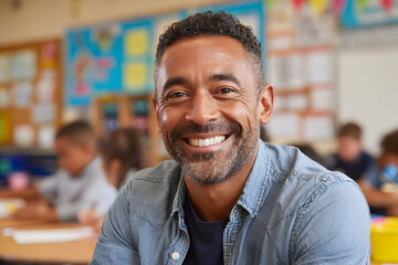 Smiling confident teacher with diverse students learning in a vibrant, modern classroom creating educational joy