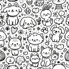 black and white handraw doodle animal cat, dog, bird, rabbit pattern