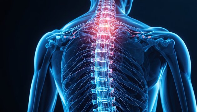See the human spine and nerves in vibrant detail, a modern medical visualization showing potential back pain and injury with an anatomical perspective