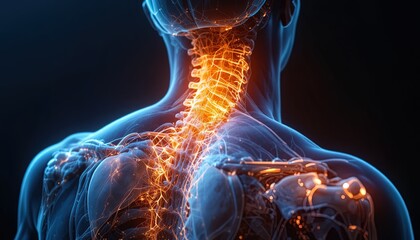 Explore the intricate human anatomy with this stunning visualization of the spinal column and glowing neural network, ideal for medical education and research
