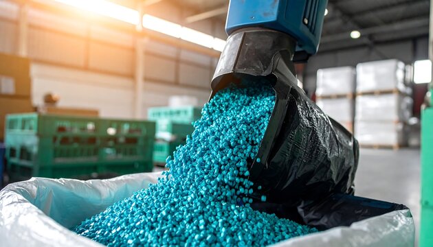 Automated system pours turquoise granules into a bag in a warehouse