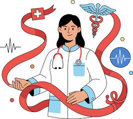 Illustration of a friendly healthcare professional surrounded by medical motifs and symbols