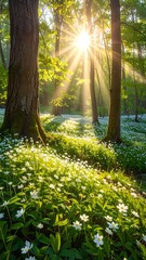 Sunlight filtering through trees illuminates a forest floor covered in white flowers.