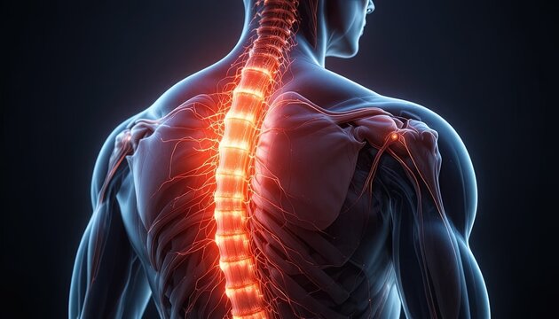 Radiant spine illustration for medical research, showcasing human anatomy with glowing nerves and detailed skeletal structure for educational projects