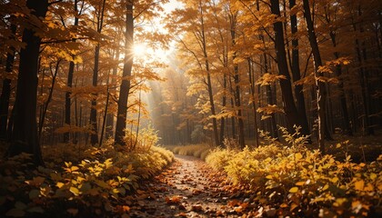 Obraz premium Stunning autumn forest path with golden leaves and warm sunlight streaming through trees, perfect for serene backgrounds and seasonal campaigns