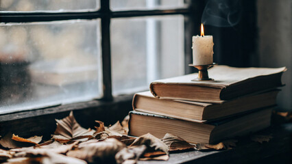 vintage stack of books and burning candle