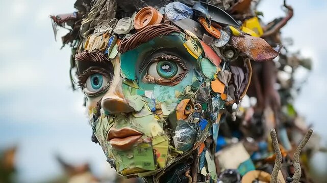 Portrait sculpture constructed from recycled materials against sky