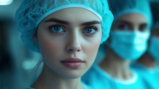 Focused on Healthcare: A medical professional, with an intent gaze, prepared for the day ahead, standing alongside colleagues in a sterile environment.