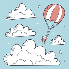 Whimsical Parachutist Floating Amongst Doodle Clouds and Stars