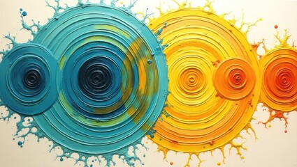 Bold abstract artwork displays concentric circular shapes in striking cyan, yellow, and orange hues.