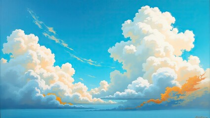 Vibrant artwork presents a beautiful seascape, featuring a stunning cloudscape with fluffy white and pale orange cumulus clouds floating against a vivid blue sky.