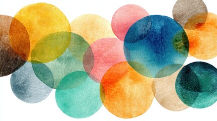 A colorful abstract watercolor painting of various circular shapes in vibrant colors such as yellow, blue, orange, and red, set against a white background with a subtle gradient effect.