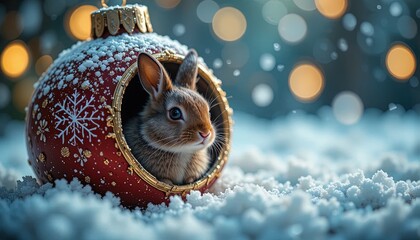 Naklejka premium Adorable bunny peering from a festive Christmas ornament in a snowy winter wonderland, spreading holiday cheer and cozy vibes for seasonal promotions