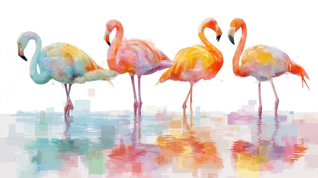 Four vibrant flamingos standing in water with reflections, colored in shades of pink, orange, and blue, with a white background and a few small squares. - Powered by Adobe