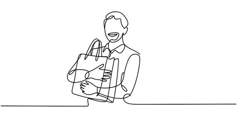 Fototapeta premium Minimalist one-line art of a happy man holding shopping bags, representing retail satisfaction, consumer joy, and modern shopping lifestyle.