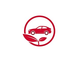 Red car icon enclosed by a circle, leaves beneath