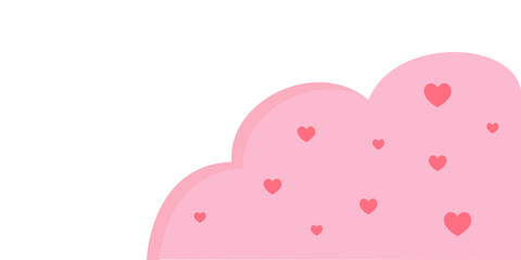Pink clouds corner border frame with red hearts template. Valentine, love, romance, holiday celebration concepts. Flat decorative vector design isolated illustration.