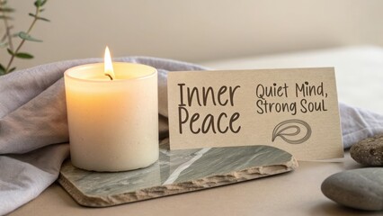 A softly glowing candle casting warm light beside a card displaying the phrase Inner Peace resting on a stone surface