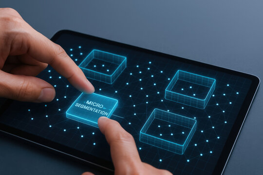 Micro segmentation concept on digital tablet screen with hands interacting for ai cybersecurity threat defense strategy