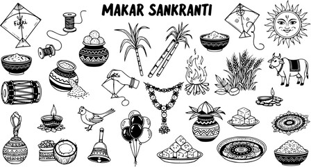 Makar Sankranti: Festival of Kites and Harvest Icons in Black and White © victoria