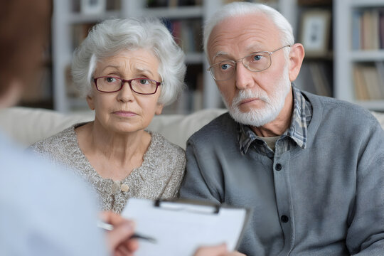 Worried elderly couple listens intently to important advice from professional during consultation session at home