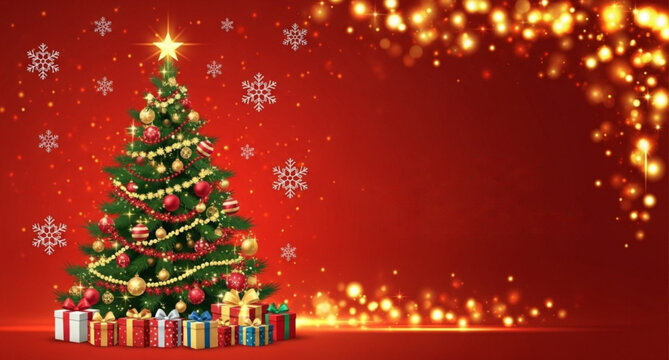 Latar belakang warna merah dan pohon natal 