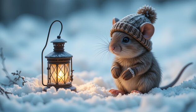 Adorable mouse wearing a hat and mittens with a vintage lantern in the snowy winter wonderland, evokes heartwarming feelings and holiday cheer for seasonal campaigns