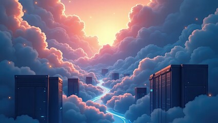Data center architecture visualized amidst a celestial, dreamlike landscape, showcasing ethereal clouds and a pathway of glowing light, highlighting data flow within a modern abstract digital...